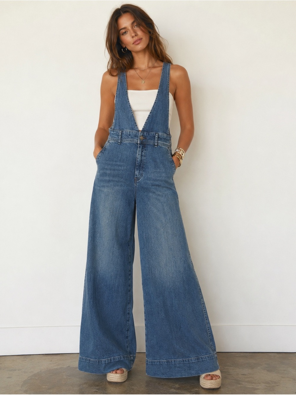 Free People Blue Denim Wide-Leg Jumpsuit